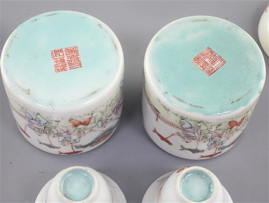 A pair of Chinese famille rose covered wine warmers and covers, late 19th century, height 9.3cm, covers repaired